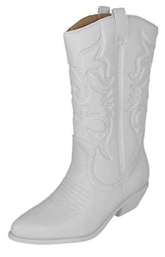 Soda Women Cowgirl Cowboy Western Stitched Boots Pointy Toe Knee High Reno-S,All-White,8