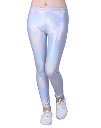HDE Girls Shiny Wet Look Leggings Kids Liquid Metallic Footless Tights (4T-12) (Iridescent 7/8)