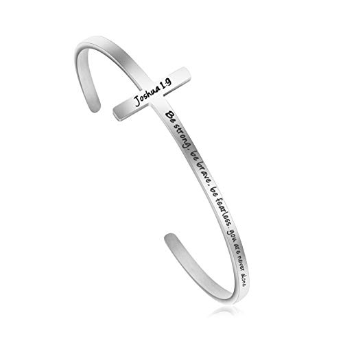 Cross Bracelet Religious Cuff Bangle Bible Verse Jewelry Gift for Women Engraved Be strong, Be Brave, Be Fearless. You are Never Alone