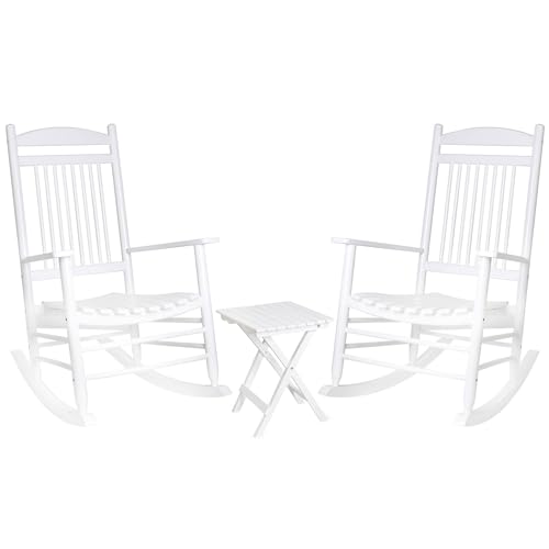 MUPATER Outdoor Rocking Chair Set 3-Piece Patio Wooden Rocker Bistro Set with Foldable Table and Curved Seat, White