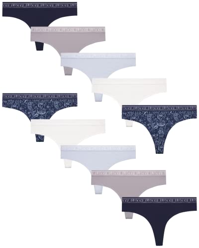Lucky Brand Women's Underwear - 10 Pack Microfiber Thong Panties (S-XL), Size Medium, Blue Iris/Gardenia/Silver Sconce/Blue/Multi