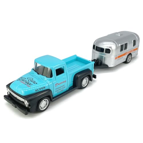 Vintage Blue Pickup Truck Trailer Towing Toy Camper RV Motorhome Toys for Boys Diecast Model Car Metal Pull Back Toy Cars 3 4 5 6 7 Year Old Toddler Kids Birthday Gifts Cake Topper Home Office Décor
