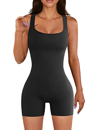 RoniKasha Rompers for Women Yoga Workout Ribbed Square Neck Sleeveless Sport Romper Jumpsuits,Black,Large