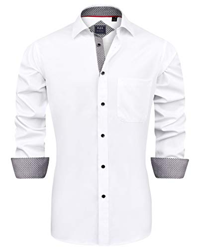 J.VER Men's Casual Long Sleeve Stretch Dress Shirt Wrinkle-Free Regular Fit Button Down Shirts White Medium