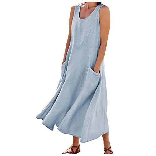 NAMTYQX Women's Summer Cotton Linen Long Dress Sleeveless Elegant Flowy Dresses Plus Size Loose Comfy Dress with Pockets