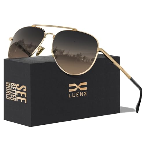 LUENX Aviator Sunglasses for Mens Womens Polarized Driving Eyewear Gradient Brown Lens Metal Gold Frame 60mm UV400 Protection Classic Style