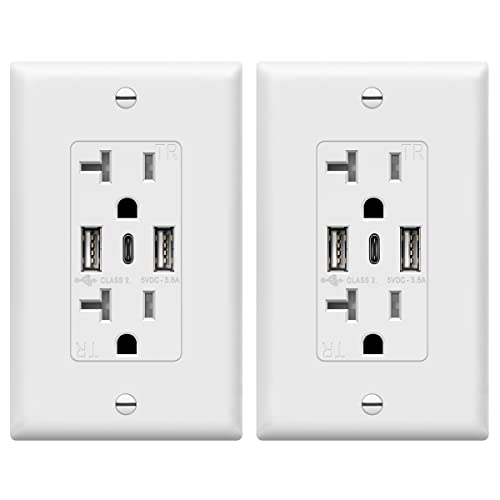 TOPGREENER USB Outlet, 3-Port Type C USB Wall Outlet, 20 Amp Tamper-Resistant Receptacle Plug, 20A Charging Power Outlet with USB Ports, UL Listed, TU22036AC3-2PCS, White, 2 Pack