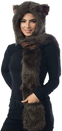 Brown Bear Full Animal Hood Hoodie Hat Faux Fur 3 in 1 Function