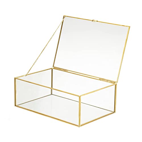 WHSLILR 10.8” Glass Jewelry Box Gold Card Box with Hinged Lid, Gold Keepsake Box for Storage Wedding Card, Trinkets, Photo and More, Cute Glass Box for Women and Girl,Vintage
