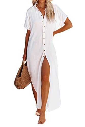 Dokotoo Swimsuit Bathing Suit Cover Up for Women Swimwear 2024 Fashion Summer Dresses Button Down Long Kimonos Cardigan Vacation Beach Short Sleeve Side Split Casual Solid Loose Coverups White M