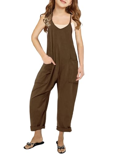CharmWM Girls Casual Jumpsuits Spaghetti Strap Sleeveless Loose Romper Long Pants with Pockets Kids Clothes Waffle Fabric Dark Khaki Brown