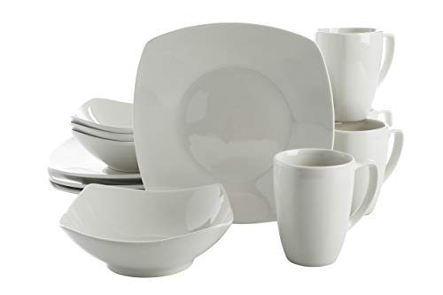 Gibson Home Amelia Court Porcelain Chip and Scratch Resistant Dinnerware set, Service for 4 (12pcs), White (Soft Square)