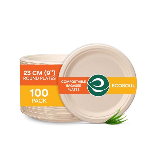 ECO SOUL 100% Compostable, Biodegradable, Disposable Bagasse Paper Plates | Heavy-Duty Eco-friendly Dinner Plates | Sturdy, Microwave & Oven Safe | Party, Wedding, Event Plates (100, 9' Round Plates)