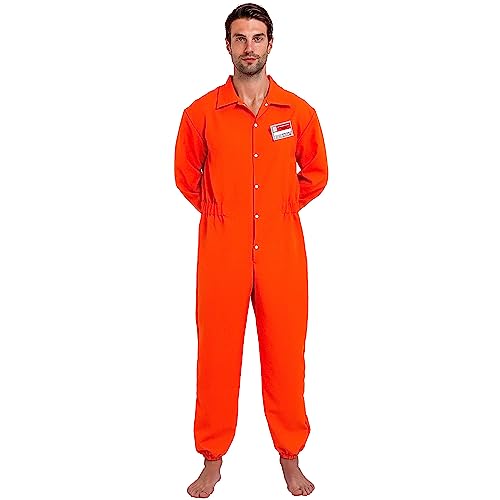 Spooktacular Creations Prisoner Jumpsuit Orange Prison Escaped Inmate Jailbird Coverall Costume with Name Tag (Large)