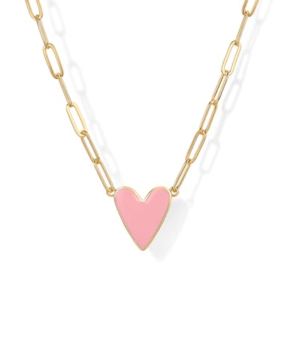 PAVOI 14K Yellow Gold Plated Heart Pink Enamel Pendant Necklace for Women | Love Paperclip Chain Necklaces | Pink Enamel Heart Pendants