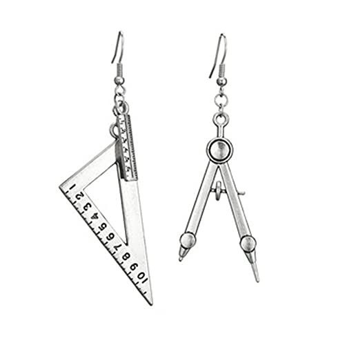 Compasses Ruler Dangle Earrings Asymmetric Math Geometry Tools Triangle Ruler Compass Drop Earring for Women Men Gift