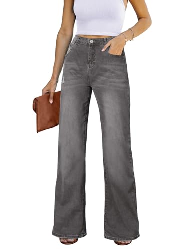 Astylish Women Jeans High Waist Casual Wide Leg Boyfriend Mom Denim Gray Pants Size 8