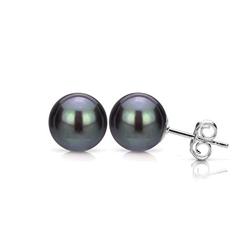 Black Freshwater Cultured Pearl Studs 14K White Gold Earrings 7-7.5mm