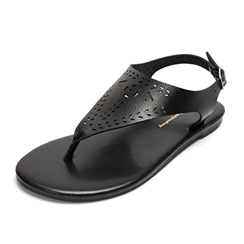 FUNKYMONKEY Thong Flat Sandals, Women's Casual T-Strap and Adjustable Ankle Buckle for Summer Beach Sandals (7 M US, Black)