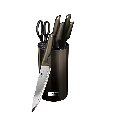 Berlinger Haus Kitchen Knife Set with Block, 7 Piece Knives Set for Kitchen, Modern Cooking Knives with Kitchen Shears, Sharp Cutting Stainless Steel Chef Knife Set with Mobile Stand, Metallic
