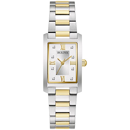Bulova Ladies' Classic Diamond Two-Tone Stainless Steel 3-Hand Quartz Watch, Rectangle Silver Dial Style: 98P205