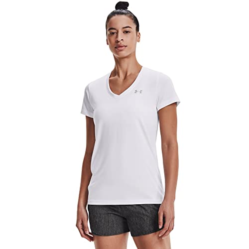 Under Armour womens Tech V-Neck Short-Sleeve T-Shirt , White (100)/Metallic Silver , Medium