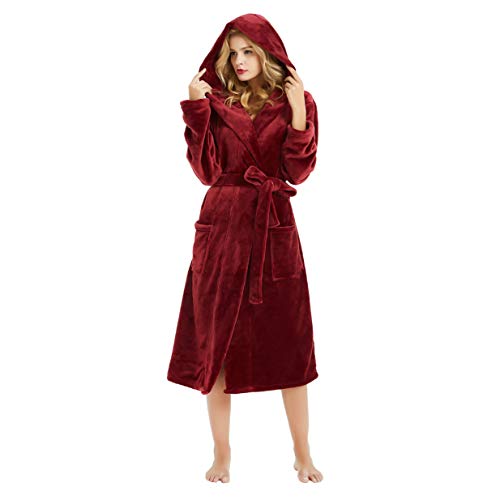 HEARTNICE Womens Hooded Fleece Robe, Soft Plush Bathrobe for Womens, Fluffy Cute Long House Coat (A-Wine Hooded, L/XL)