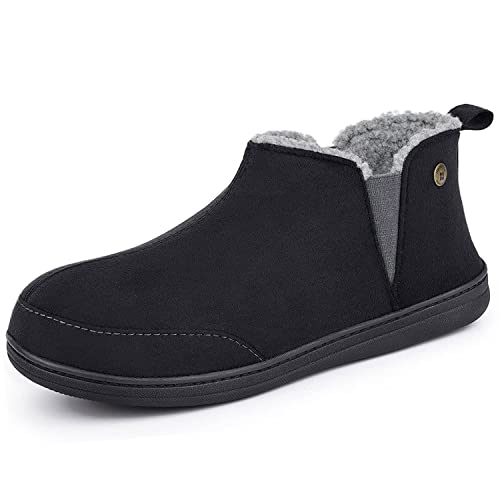 HomeTop Soft Microsuede Sherpa Lined House Shoes Anti-Skid Indoor Outdoor Boot Slipper for men with Elastic Dual Gores (12, Black)