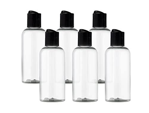 ljdeals 4 oz Clear Plastic Empty Bottles with Black Disc Top Caps, Refillable Cosmetic Containers for Shampoo, Lotions, Cream and more Pack of 6, BPA Free, Made in USA