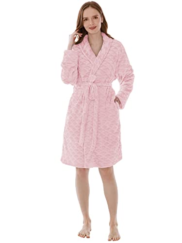 PAVILIA Light Pink Short Robes for Women, Plush Soft Womens Bathrobe Lightweight, Fluffy Fuzzy Cozy Women’s Bath Robe Knee Length, Shower Spa House Kimono Robe, S/M