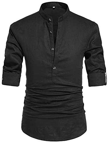 NITAGUT Men Henley Neck Long Sleeve Daily Look Linen Shirts Casual Beach T Shirts Black-US M
