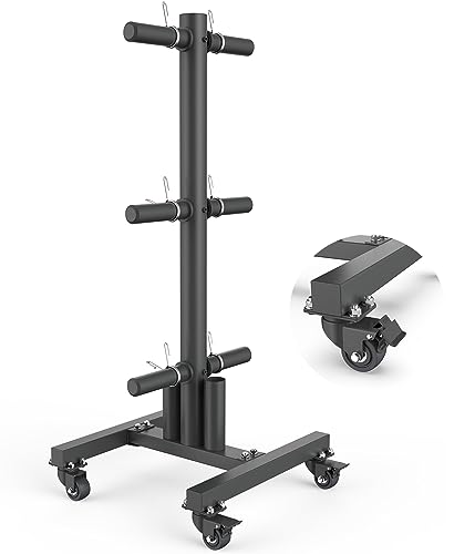 DONOW Olympic Weight Plate Rack Tree Bumper Plate Holder for Both Two Inch and One Inch Plates and Barbell Storage with Transport Wheels and Locking Casters 600lbs