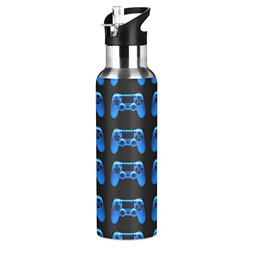 Oyihfvs Video Game Joystick Gamepad in Blue Neon Lights Isolated on Black Sports Stainless Steel Water Bottle 20 Oz, with Straw Lid Vacuum Insulated Leakproof Thermo Flask, Great for Fitness Outdoor