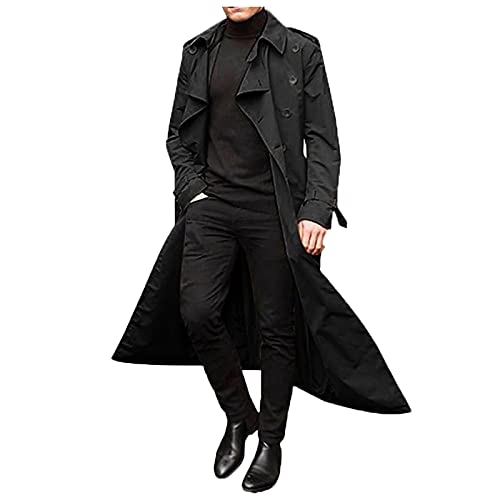 Men Trench Coat Winter Long Jacket Double Breasted Overcoat Men's Classic Wool Trench Overcoat Long Coat Jackets(Black,L)