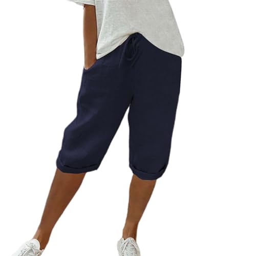 Generic lightning deals of today prime customer service chat online now cotton linen bermuda shorts drawstring elastic womans workout shorts plus size cargo shorts for women Dark Blue M