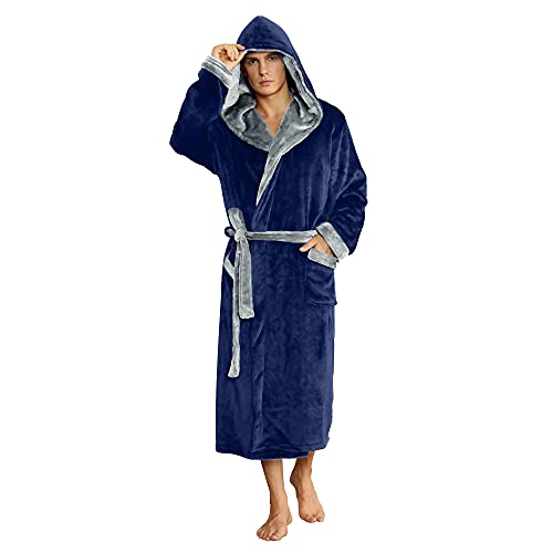 U2SKIIN Mens Fleece Hooded Robe Plush Bathrobe (Navy/Light Grey, L/XL)