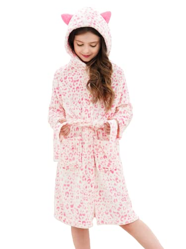Doctor Unicorn Soft Hooded Rainbow Bathrobe Sleepwear for Girls (Pink cat, 6-7 Years)