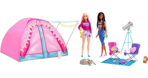 Barbie Dolls & 20 Accessories, It Takes Two Camping Tent Playset with Brooklyn & Malibu Dolls & 2 Moving Animals