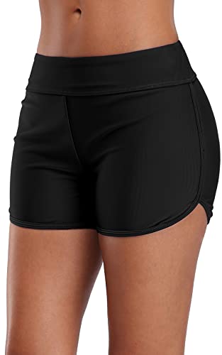 SOCIALA Women's Sporty Swim Shorts High Waisted Swim Bottoms Boyleg Bathing Suit Bottoms Board Shorts Black L