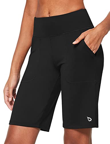 BALEAF Women's 10' Bermuda Long Shorts Running Athletic Shorts High Waisted Casual Summer Knee Length Black Size L