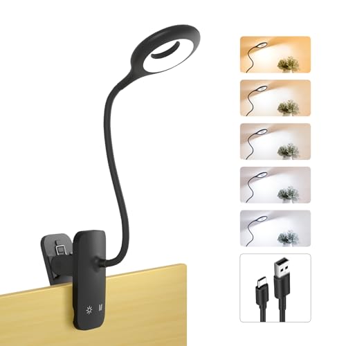 HECDSTLY Clip on Reading Light for Bed Headboard, Battery Rechargeable Clamp Bed Lamp - 5 Colors 5 Brightness, Flexible Arm Book Light at Night for Kids Desk Bunk Metal Bed Frame (Black)