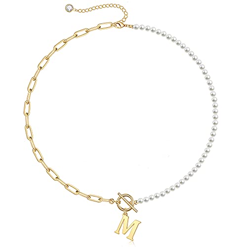 Dainty Initial Pearl Necklace for Women, 14K Gold Plated Paperclip Link Chain Necklace Toggle Clasp Necklace Initial Necklaces Gold Jewelry for Women Letter M