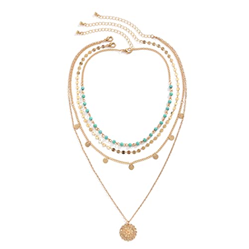 Hermoli Boho Choker Women Necklace Gold Turquoise Coin Pendant Layered Necklaces Chain Glitter Bohemia Sequin Tassel Necks Jewelry for Women and Girls