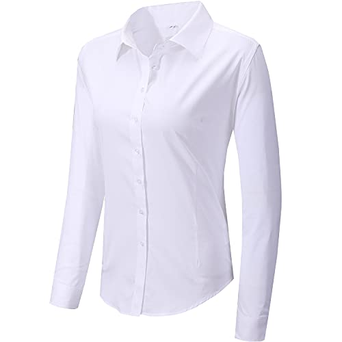 DIYUS Women's Button Down Shirt Slim-Fit Stretchy Cotton Long Sleeve Work Blouses White M