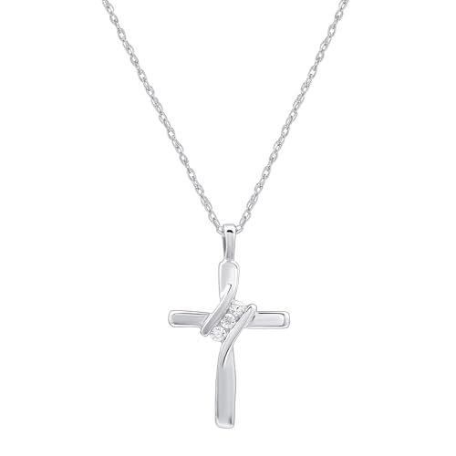GILDED Small 10K White Gold Natural Round-Cut Diamond Accent (I-J Color, I2-I3 Clarity) 3 Stone Cross Pendant-Necklace,18'