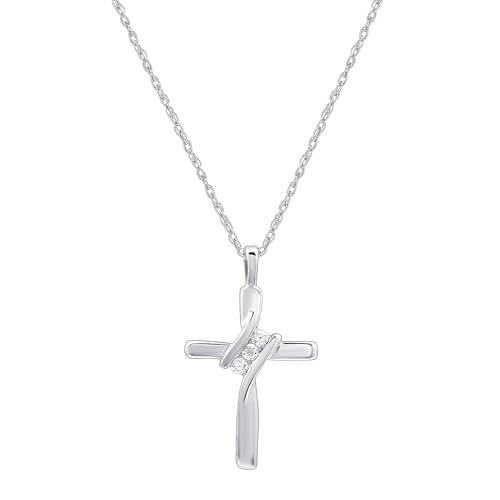 GILDED Small 10K White Gold Natural Round-Cut Diamond Accent (I-J Color, I2-I3 Clarity) 3 Stone Cross Pendant-Necklace,18'