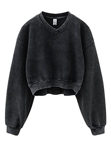 Hatant Sweatshirt for Women Acid Wash Athletic Hoodies Heritage Fleece V-neck Long Sleeve Hoodie Y2K Crop Pullover Women Sweatshirt Cotton Fleece Lined Hoodies Workout Pullover Shirt Black-L