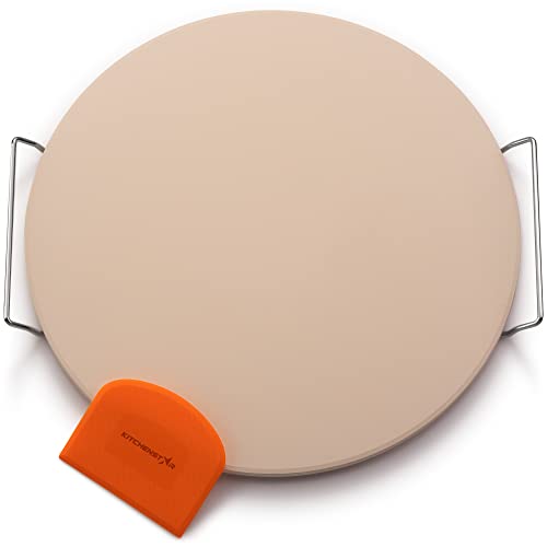 16' Pizza Stone for Oven & Grill with Handles - Natural Cordierite Baking Stone Set with SS Rack & Plastic Scraper (1500 °F Resistant, Round, Large)