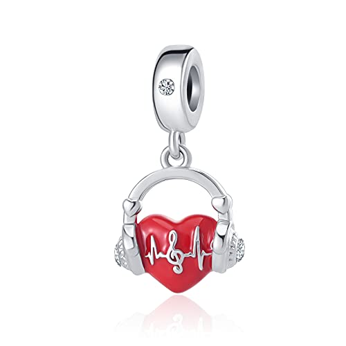 TCHYUN Melody Music Notes Charms for Pandora Bracelets Heart Love Red Headphones Heartbeat Charm Beads for Women Girls
