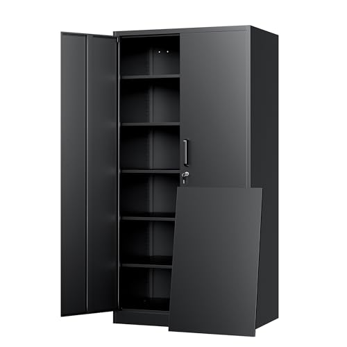 Yizosh Metal Storage Cabinet with Lock - 72' Garage Storage Cabinet with 2 Locking Doors and 5 Adjustable Shelves, Black Steel Lockable File Cabinet for Office,Home,Garage